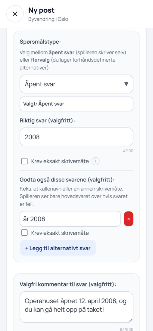 Spørsmål med åpent svar, der både «2008» og «år 2008» godtas