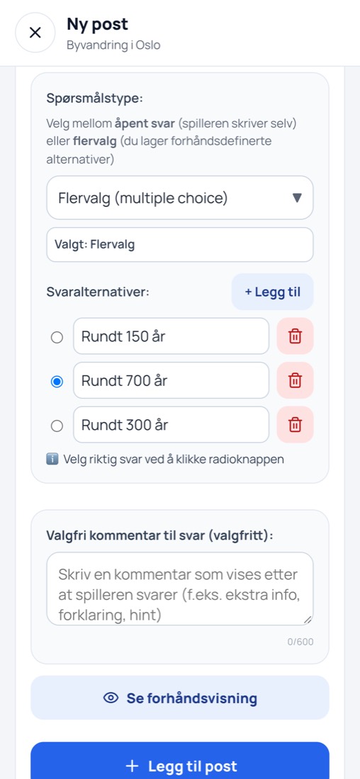 Flervalgsspørsmål med tre svaralternativer der det riktige er merket