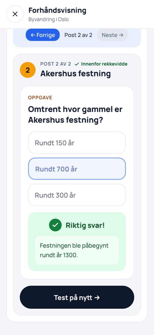 Forhåndsvisning av en post der svaret er riktig