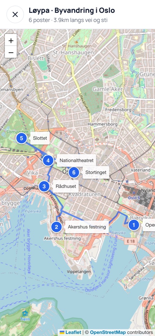 Kart over hele løypa med seks nummererte poster i Oslo sentrum, 3,9 km langs vei og sti