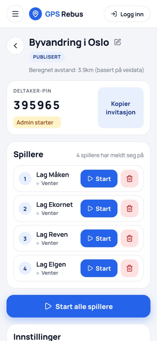 Liste over fire lag som har meldt seg på, med knapp for å starte alle