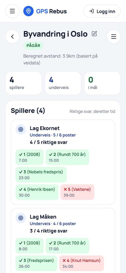 Live-oversikt med svar og tider for hvert lag post for post