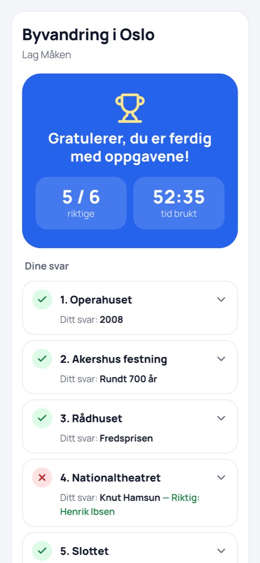 Oppsummering med 5 av 6 riktige svar og tiden brukt